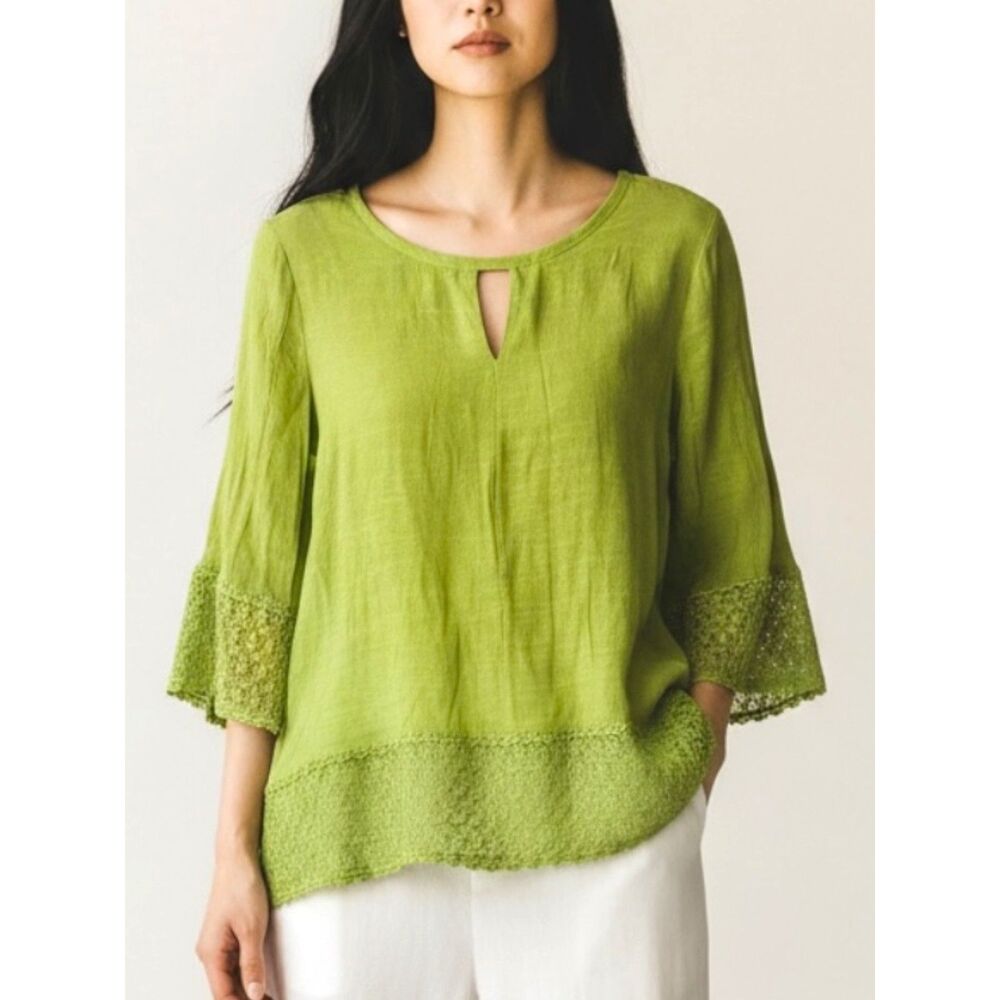 COUNTERPARTS Lightweight Lime Green Crochet Hem 3/4 Sleeves Boho Top Sz L